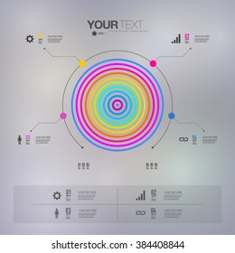 Modern infographic design with colorful circles and numbered points and sample text can be used for workflow layout, chart, number options, presentation, web design. Eps 10 stock vector illustration 