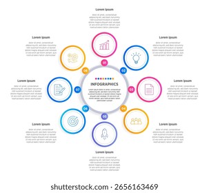 Elementos de design de Infográfico moderno para seus dados de negócios com 8 opções, peças, etapas, linhas do tempo ou processos, conceito Circle round. Ilustração de vetor.	