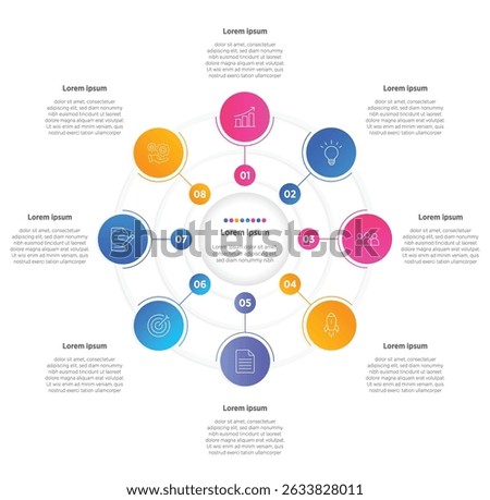 Modern Infographic design elements for your business data with 8 options, parts, steps, timelines or processes, Circle round concept. Vector Illustration.	