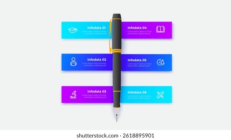 Modern infographic design featuring a central pen element, vibrant hues, and information layers, making it ideal for educational, corporate, or creative templates