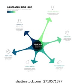 Un moderno diseño de infografía con un centro circular central con flechas de degradado radiantes y marcadores de posición de iconos, perfecto para presentaciones. La infografía comunica información claramente.