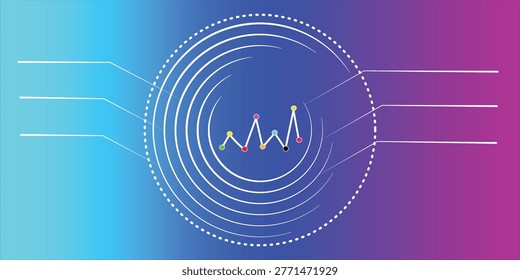 A modern infographic design featuring a central circular chart and a line graph with colorful data points. Clean white callout lines on a vibrant blue and purple gradient background