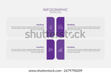 A modern infographic design featuring purple accents, icons, and placeholders for headings and text. Ideal for business presentations, statistics, data visualization, and professional project.
