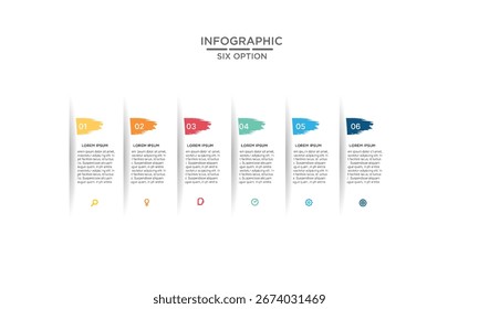 Diseño infográfico moderno con seis opciones coloridas y numeradas con Elementos e íconos de trazo de pincel, ideal para presentaciones comerciales o procesos paso a paso.