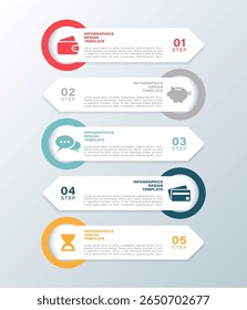 Modernes Infografik-Design. Fünf Schritte vertikales Infografik-Layout mit Symbolen und Platz für Daten
