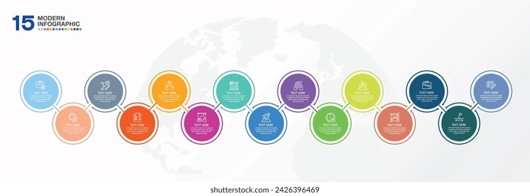 Modernes Infografik-Design mit Icons und 15 Optionen oder Schritten. Abstrakte Elemente des Graphen, Diagramm mit Schritten, Optionen, Teilen oder Prozessen. Vektor-Geschäftsvorlage für Präsentation. 