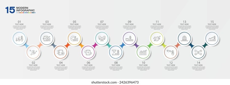 Modernes Infografik-Design mit Icons und 15 Optionen oder Schritten. Abstrakte Elemente des Graphen, Diagramm mit Schritten, Optionen, Teilen oder Prozessen. Vektor-Geschäftsvorlage für Präsentation. 