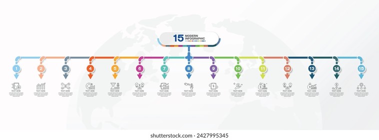 Modernes Infografik-Design mit Symbolen und 15 Optionen oder Schritten. Infographics Geschäftskonzept für Infografiken, Flussdiagramme.