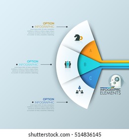 Modern infographic design layout: 3 connected sectoral lettered elements and text boxes. Fan chart. Steps of business project development concept. Vector illustration for website, presentation.