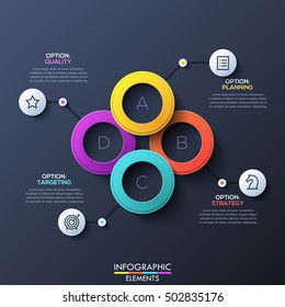 Modern infographic design layout with 4 lettered overlapping rings connected with option text boxes. Goal setting and business development strategy concept. Vector illustration for report, website.