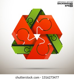 Modern infographic design layout, 6 connected jigsaw puzzle pieces located around centre. Steps of international business development and communication. Vector illustration for presentation, brochure.