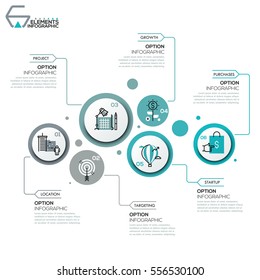 Modern infographic design layout, 6 round elements with pictograms in thin line style and text boxes. Six features of business success concept. Vector illustration for brochure, corporate website.