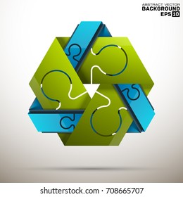 Modern infographic design layout, 6 connected jigsaw puzzle pieces located around centre. Steps of international business development and communication. Vector illustration for presentation, brochure.