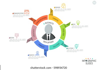 Modern Infographic design layout. Circular diagram in shape of steering wheel with 6 paper sectoral elements, pictograms and text boxes. Business management and control concept. Vector illustration.