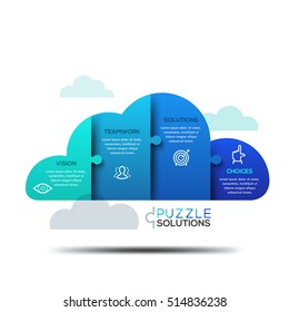 Modern infographic design layout, jigsaw puzzle in shape of cloud divided into 4 parts. Cloud computing services advertisement, data storage technology concept. Vector illustration for website, ad.