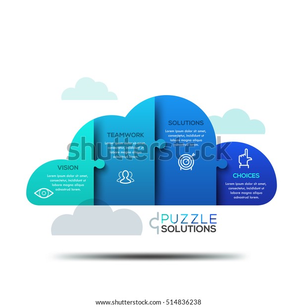 Modern infographic design layout, jigsaw puzzle in\
shape of cloud divided into 4 parts. Cloud computing services\
advertisement, data storage technology concept. Vector illustration\
for website, ad.