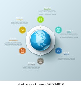 Modern Infographic design layout with planet Earth in center and arrows pointing at pictograms and text boxes. World poverty and inequality problems concept. Vector illustration for report, brochure.