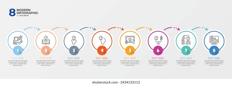 Diseño infográfico moderno con número y 8 opciones o pasos. Concepto de negocio de infografía para infografía, diagramas de flujo.