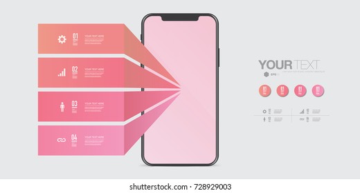 Modern infographic design with numbered labels over blank smartphone screen. Eps 10 stock vector illustration 