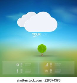 Modern infographic design with origami tree and clouds can be used for workflow layout, chart, number options, presentation, web design. Eps 10 stock vector illustration 