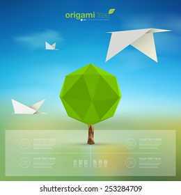 Modern infographic design with origami tree and birds can be used for workflow layout, chart, number options, presentation, web design. Eps 10 stock vector illustration 