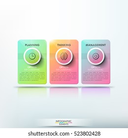 Modern infographic design template: 3 separate multicolored rectangular cards with pictograms and text boxes. Three main achievements of company. Vector illustration for presentation, website, ad.