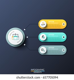 Modern infographic design template with 3 rounded rectangles, main circular element and arrows between them. Features of creative process, business development steps. Vector illustration for report.