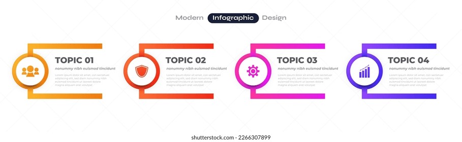 Plantilla de diseño de infografía moderna con 4 opciones o pasos. Se puede utilizar para Presentación, Diseño de flujo de trabajo, Diagrama o Informe anual. Diseño de presentación de diagrama de línea de tiempo