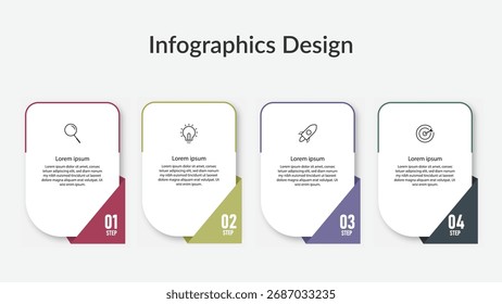 Modern infographic design template with 4 steps in colorful boxes. Includes icons for search, idea, launch, and target. Ideal for business presentations, education, workflow, and project planning.