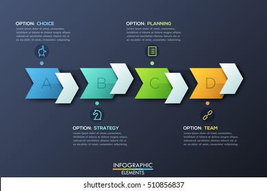Modern infographic design template with 4 right pointing arrows and text boxes. Timeline, steps to success, business development progress concept. Vector illustration for presentation, brochure, ad.