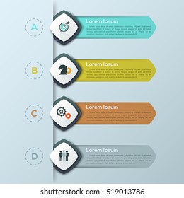 Modern infographic design template with 4 separate lettered elements and text boxes. Steps of business strategy planning, list of company goals. Vector illustration for website, presentation, report.