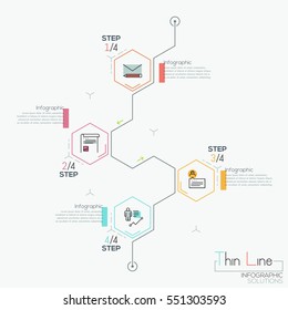 Modern infographic design template with 4 hexagonal elements and text boxes. Successive steps to project completion concept. Vector illustration in thin line style for user manual, website, report.