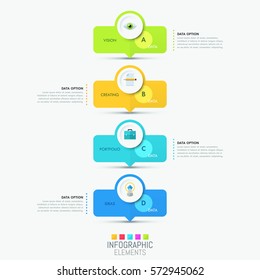 Modern infographic design template - 4 bright rectangle elements successively connected by arrows. Steps of idea creation concept. Vector illustration for banner, report, brochure, presentation.