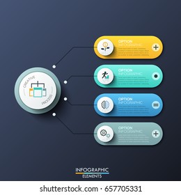 Modern infographic design template with 4 rounded rectangles, main circular element and arrows between them. Features of creative process, business development steps. Vector illustration for report.