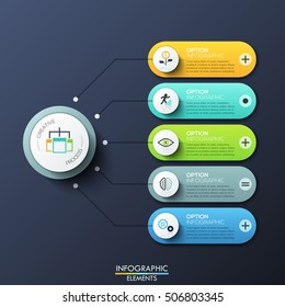 Modern infographic design template with 5 rounded rectangles, main circular element and arrows between them. Features of creative process, business development steps. Vector illustration for report.