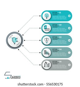 Modern infographic design template, 5 numbered rounded rectangles with icons in thin line style connected with main circular element by dotted lines. Steps of creative process. Vector illustration.