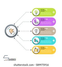Modern infographic design template, 5 numbered rounded rectangles with icons in thin line style connected with main circular element by dotted lines. Steps of creative process. Vector illustration.