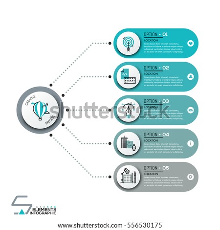 Modern infographic design template, 5 numbered rounded rectangles with icons in thin line style connected with main circular element by dotted lines. Steps of creative process. Vector illustration.