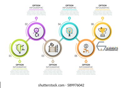 Modern infographic design template, 6 numbered circular elements with pictograms and text boxes placed in zigzag course. Business development steps. Vector illustration for report, corporate website.