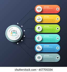 Modern infographic design template with 6 rounded rectangles, main circular element and arrows between them. Features of creative process, business development steps. Vector illustration for report.