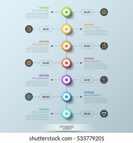 Modern infographic design template, 7 circular elements connected with text boxes by dotted lines. Week schedule and daily appointments planner concept. Vector illustration for internet blog, website.