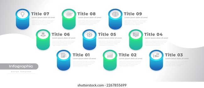 Plantilla de diseño de infografía moderna con 9 opciones o pasos. Se puede utilizar para Presentación, Diseño de flujo de trabajo, Diagrama o Informe anual. Diseño de presentación de diagrama de línea de tiempo