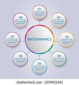 Modern infographic design template: circular diagram with 8 multicolored lettered elements connected with center. Steps of project development. Vector illustration for corporate presentation, website.