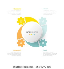 Modern infographic design template with circular element with labels. Creative concept incorporating gear and marketing icons. Ideal for representing a business process with 4 options options.