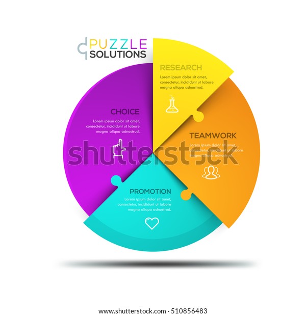 Modern infographic design template, circular\
jigsaw puzzle divided into 4 pieces of different colors. Business\
development strategy concept. Vector illustration for website,\
presentation, banner.