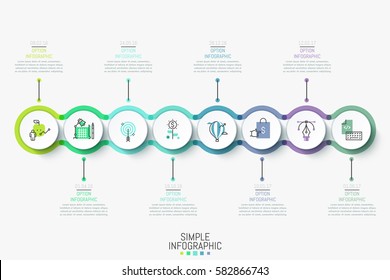 Modern infographic design template. Colorful horizontal timeline with 8 round elements, icons and text boxes. Company development milestones concept. Vector illustration for website, internet blog.