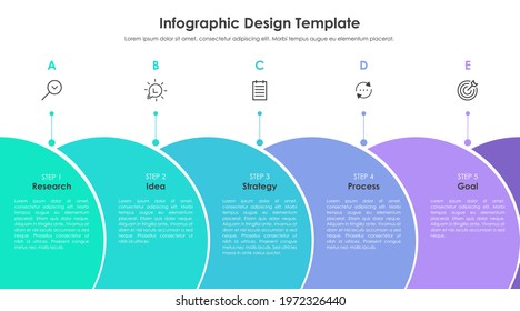 Modern infographic design template. Five colorful round elements, thin line pictograms, pointers and text boxes. Arrows business model concept with 5 consecutive steps. Vector illustration.