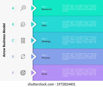 Modern infographic design template. Five colorful horizontal rectangular elements, thin line pictograms, pointers and text boxes. Arrows business model concept with 5 consecutive steps. Vector illustr