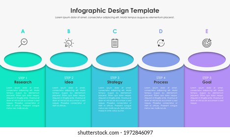 Modern infographic design template. Five colorful rectangular elements, thin line pictograms, pointers and text boxes. Arrows business model concept with 5 consecutive steps. Vector illustration.