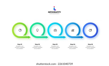 Modern infographic design template. Five elements placed in horizontal row. Concept of 6 stages of marketing strategy.
